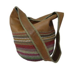 The Sak Brown Leather Hand Crochet Striped Slouchy Hobo Bucket Bag Purse